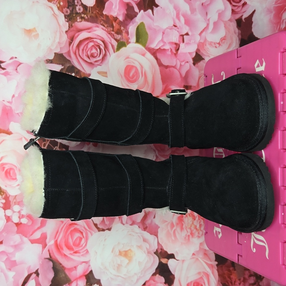 UGG Girls Maddi Black Suede Shearling Boots 100% Lambskin Size 1 NEW - Picture 3 of 8